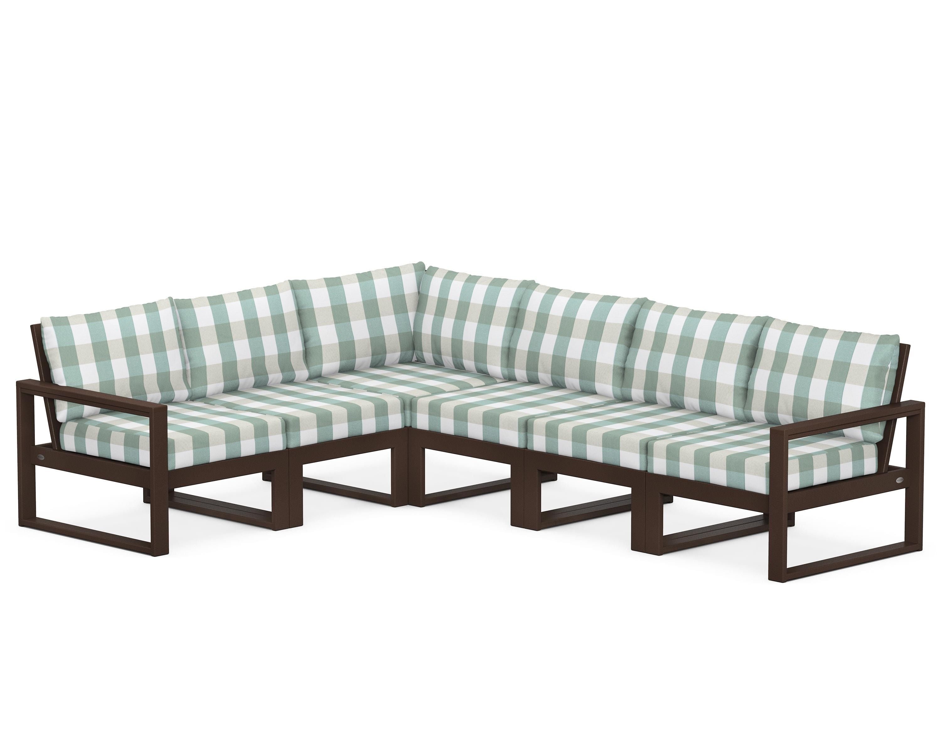 POLYWOOD® EDGE 6-Piece Modular Deep Seating Set in Mahogany / Buffalo Plaid Glacier Spa