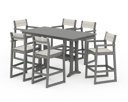 POLYWOOD® EDGE Sling Arm Chair 7-Piece Farmhouse Bar Set with Trestle Legs in Slate Grey / Parchment Sling