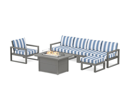 POLYWOOD® EDGE Sectional Lounge and Fire Pit Set in Slate Grey / Cabana Stripe Sky Blue