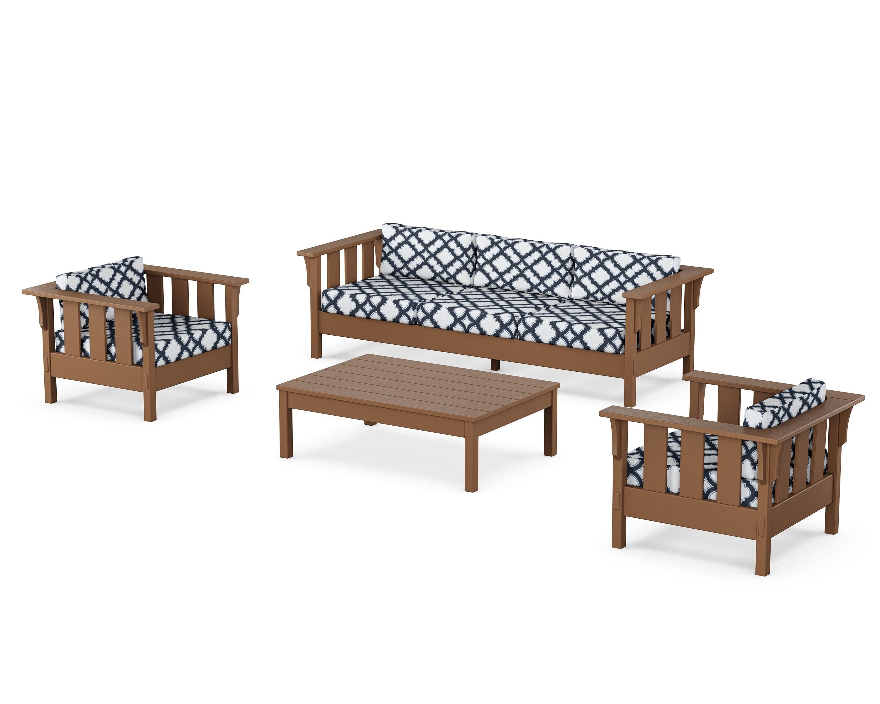 Martha Stewart by POLYWOOD® Acadia 4-Piece Deep Seating Set with Sofa in Teak / Trellis Marine Indigo