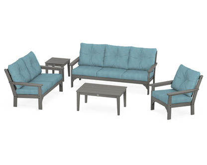POLYWOOD® Vineyard 5 Piece Deep Seating Set in Slate Grey / Lattice Sky Blue