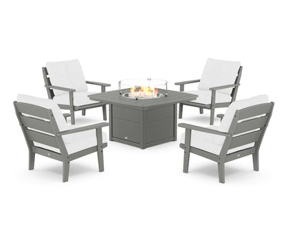 POLYWOOD® Lakeside 5-Piece Deep Seating Set with Nautical Fire Pit Table in Slate Grey / Natural