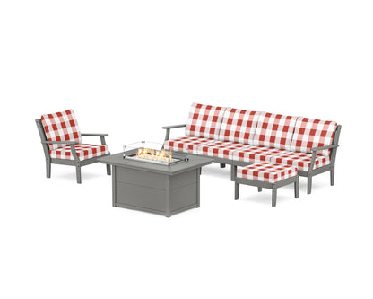 POLYWOOD® Braxton Sectional Lounge and Fire Pit Set in Slate Grey / Buffalo Plaid Crimson