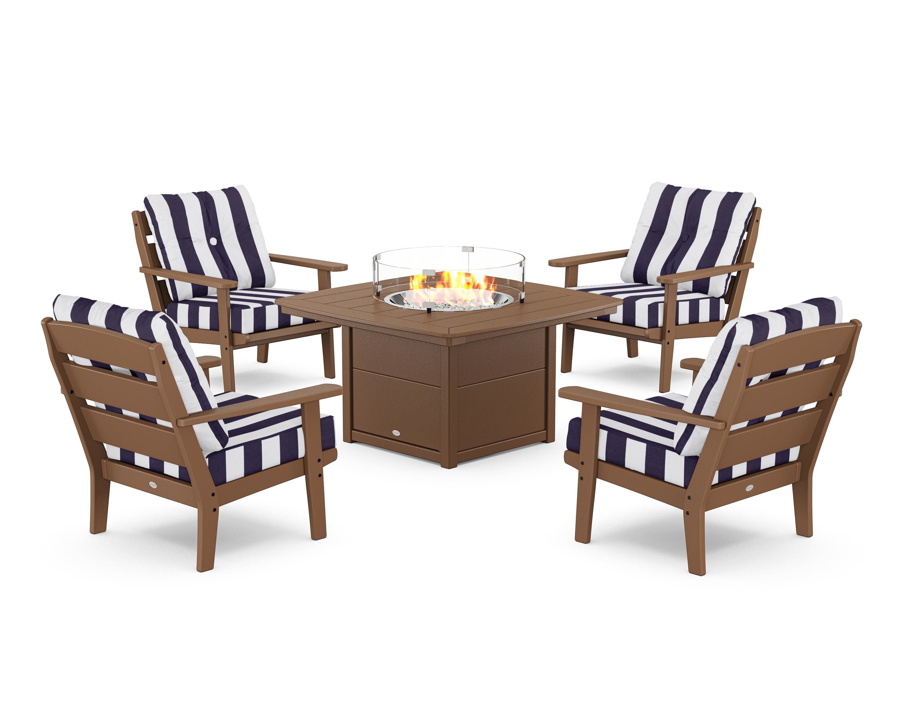 POLYWOOD® Lakeside 5-Piece Deep Seating Set with Nautical Fire Pit Table in Teak / Cabana Stripe Navy