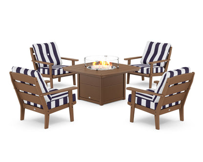 POLYWOOD® Lakeside 5-Piece Deep Seating Set with Nautical Fire Pit Table in Teak / Cabana Stripe Navy