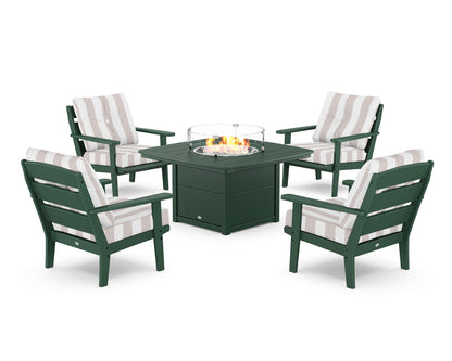 POLYWOOD® Lakeside 5-Piece Deep Seating Set with Nautical Fire Pit Table in Green / Cabana Stripe Dune Burlap