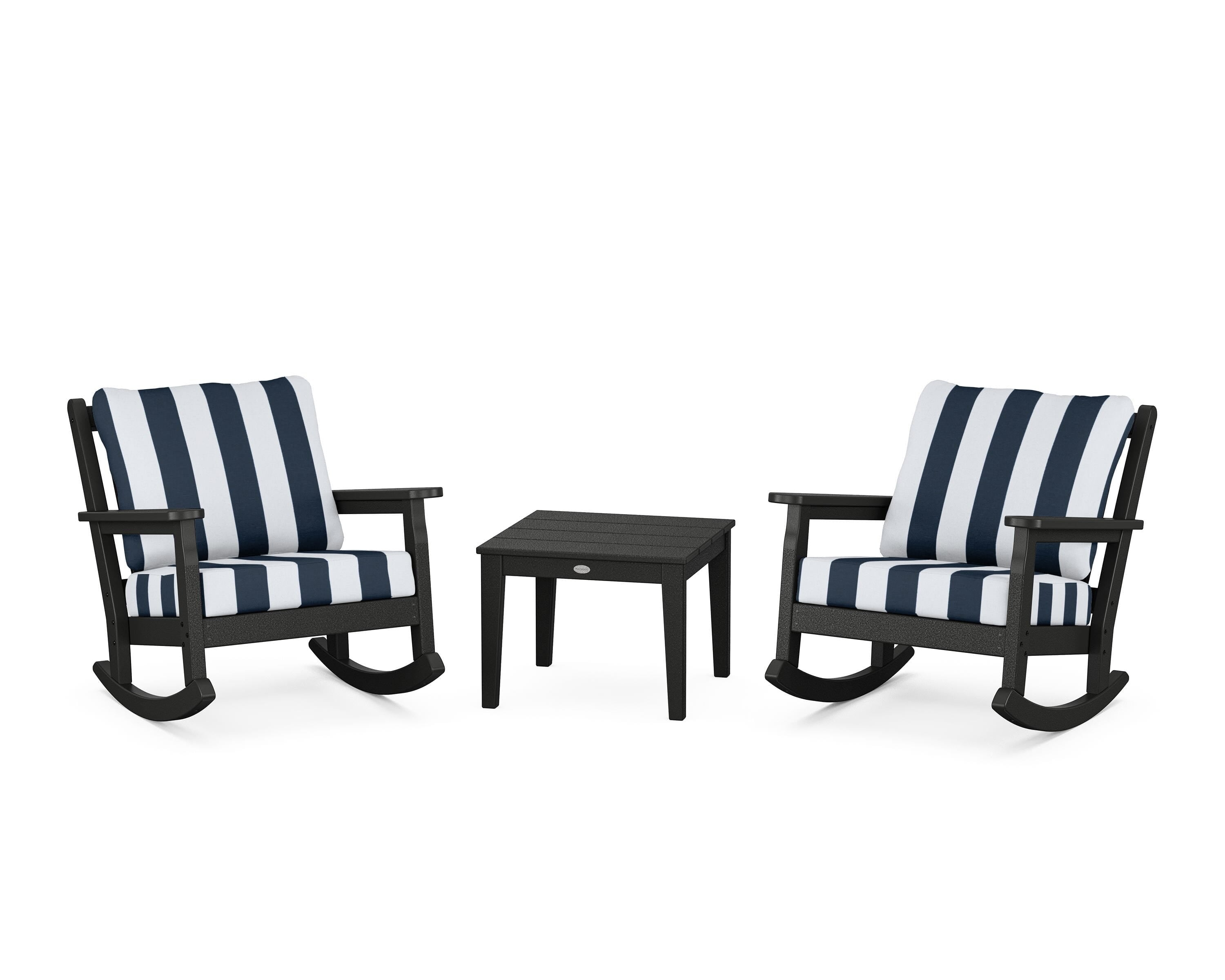 POLYWOOD® Chippendale 3-Piece Deep Seating Rocker Set in Black / Cabana Stripe Marine Indigo