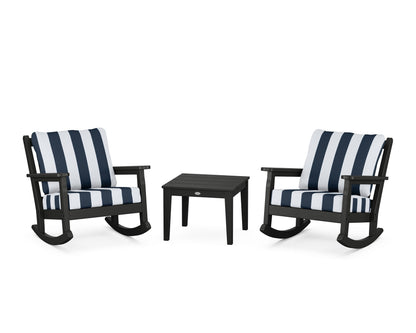 POLYWOOD® Chippendale 3-Piece Deep Seating Rocker Set in Black / Cabana Stripe Marine Indigo