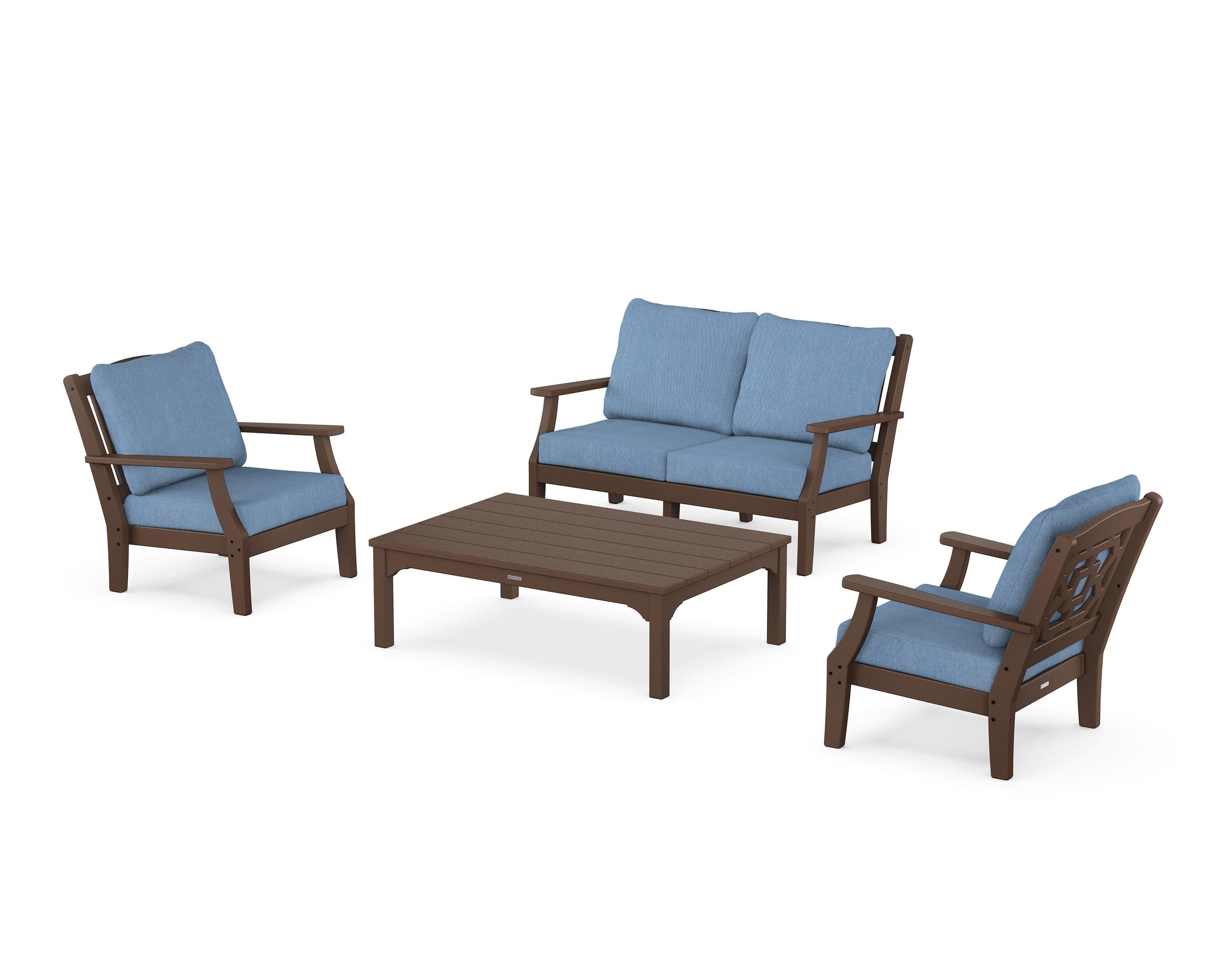 Martha Stewart by POLYWOOD® Chinoiserie 4-Piece Deep Seating Set with Loveseat in Mahogany / Sky Blue