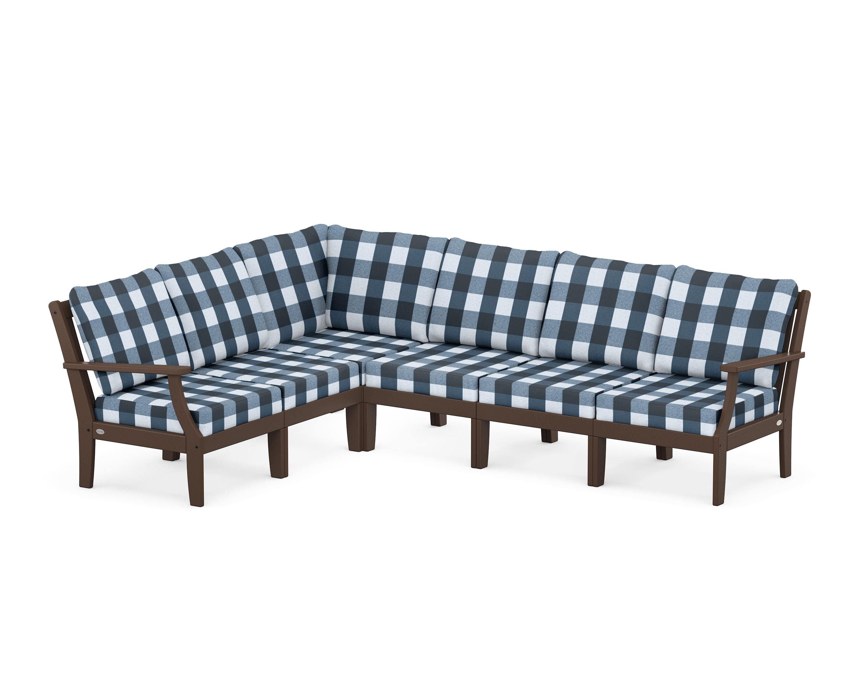 POLYWOOD® Braxton Modular 6-Piece Deep Seating Set in Mahogany / Buffalo Plaid Marine Indigo