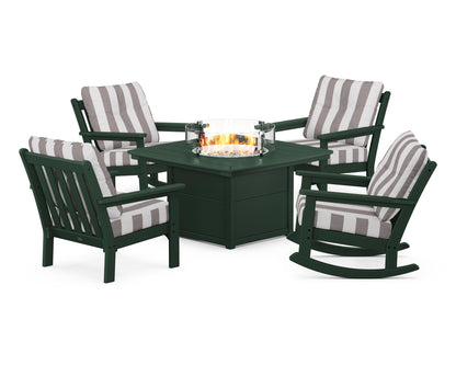 POLYWOOD® Vineyard 5-Piece Deep Seating Rocking Chair Conversation Set with Fire Pit Table in Green / Cabana Stripe Grey Mist