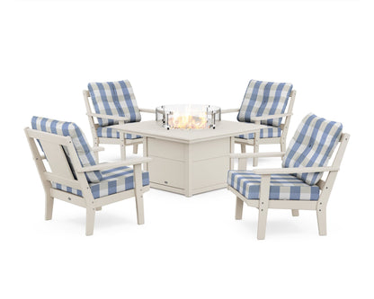 POLYWOOD® Prairie 5-Piece Deep Seating Set with Fire Pit Table in Sand / Buffalo Plaid Sky Blue