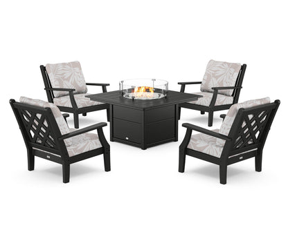 Country Living Wovendale 5-Piece Deep Seating Set with Fire Pit Table in Black / Leaf Dune Burlap