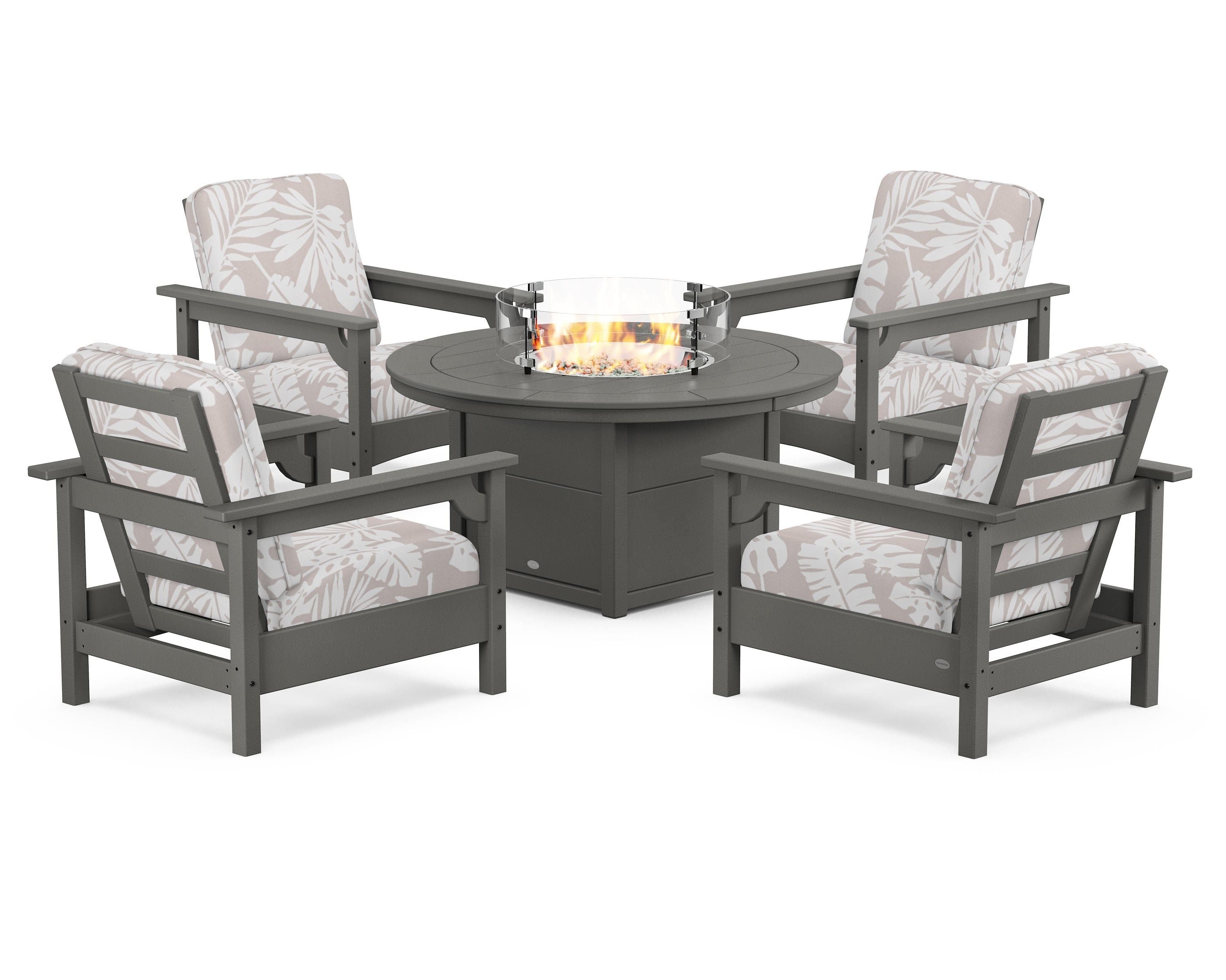 POLYWOOD® Club 5-Piece Conversation Set with Fire Pit Table in Slate Grey / Leaf Dune Burlap