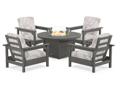 POLYWOOD® Club 5-Piece Conversation Set with Fire Pit Table in Slate Grey / Leaf Dune Burlap