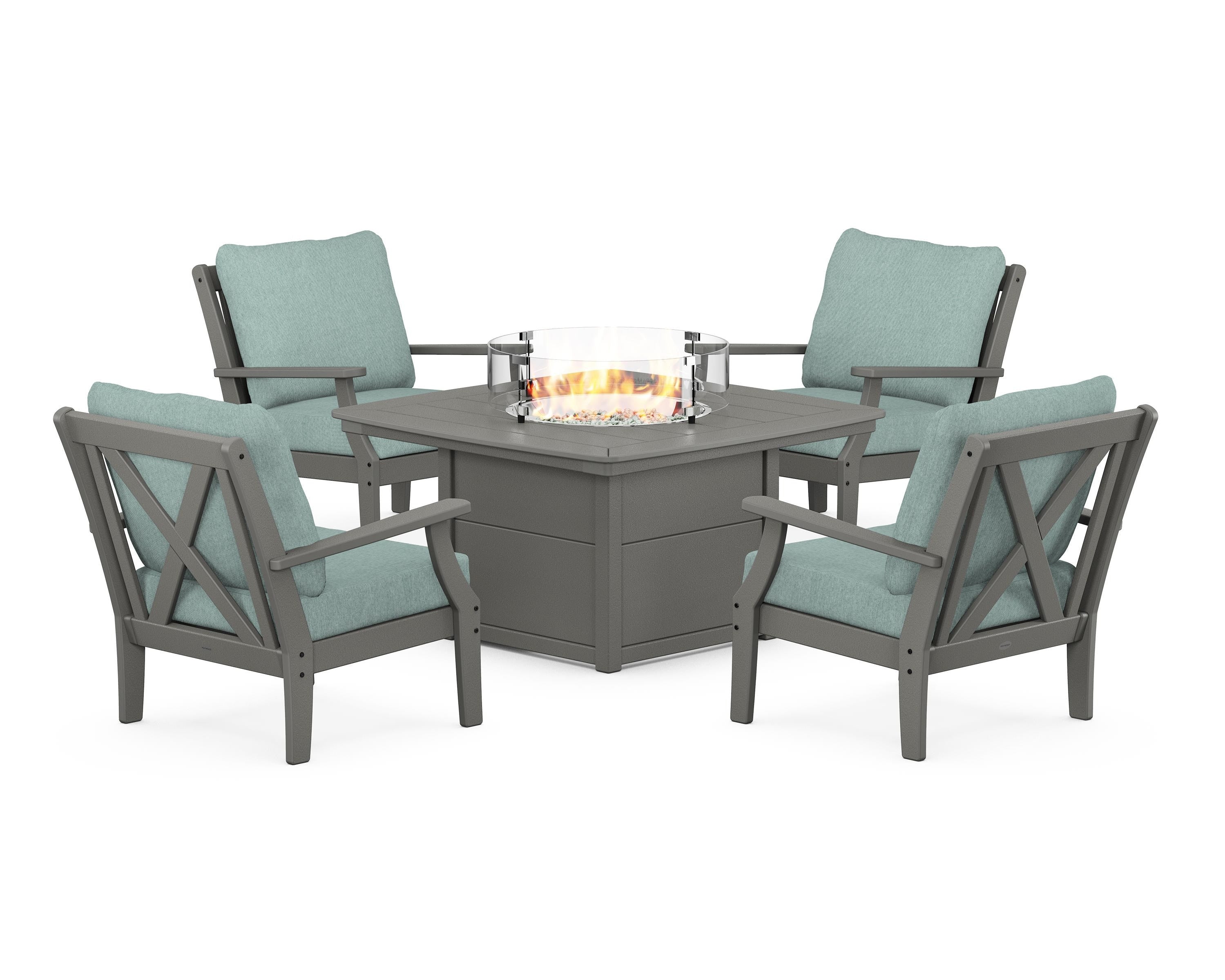 POLYWOOD® Braxton 5-Piece Deep Seating Conversation Set with Fire Pit Table in Slate Grey / Glacier Spa