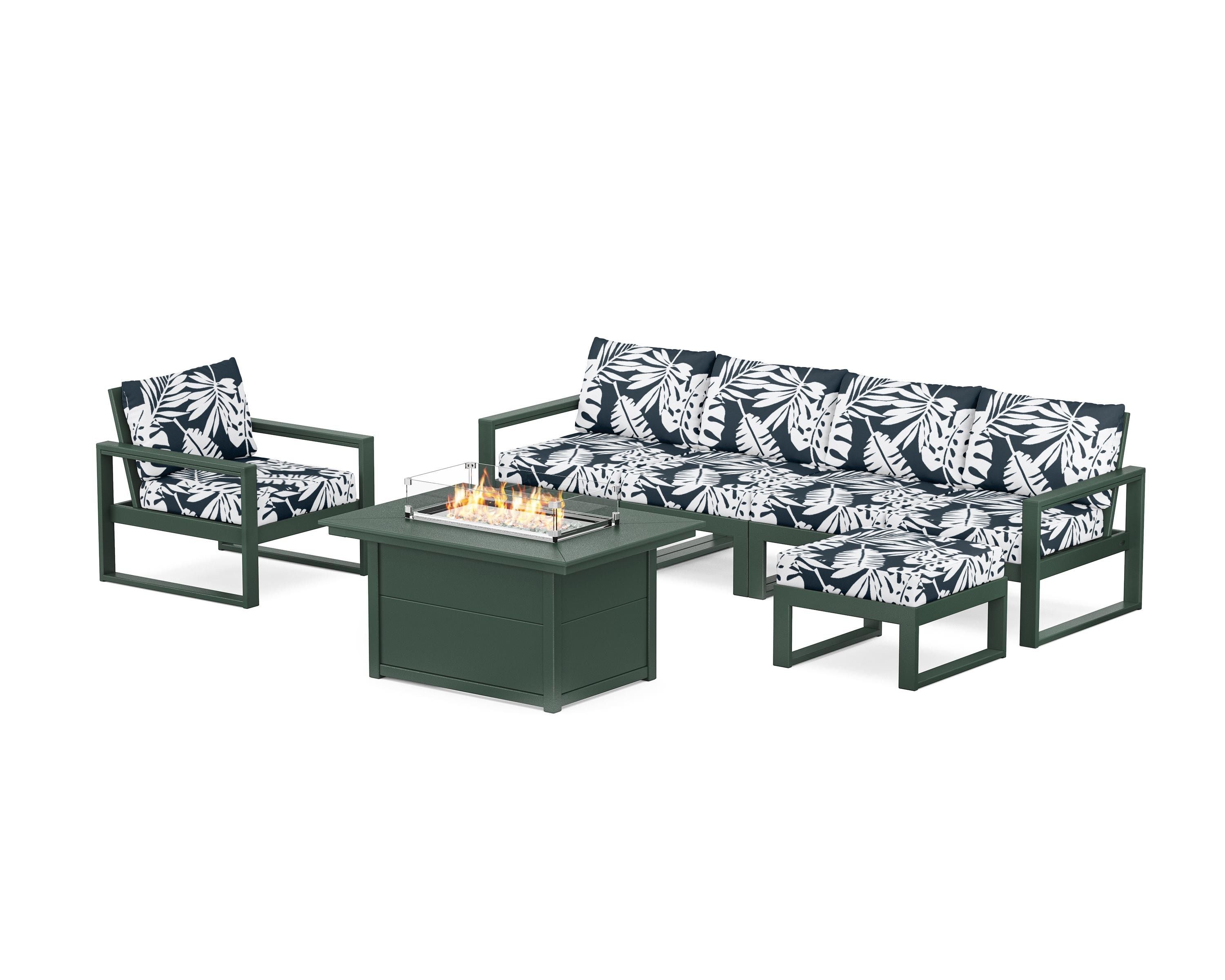 POLYWOOD® EDGE Sectional Lounge and Fire Pit Set in Green / Leaf Marine Indigo