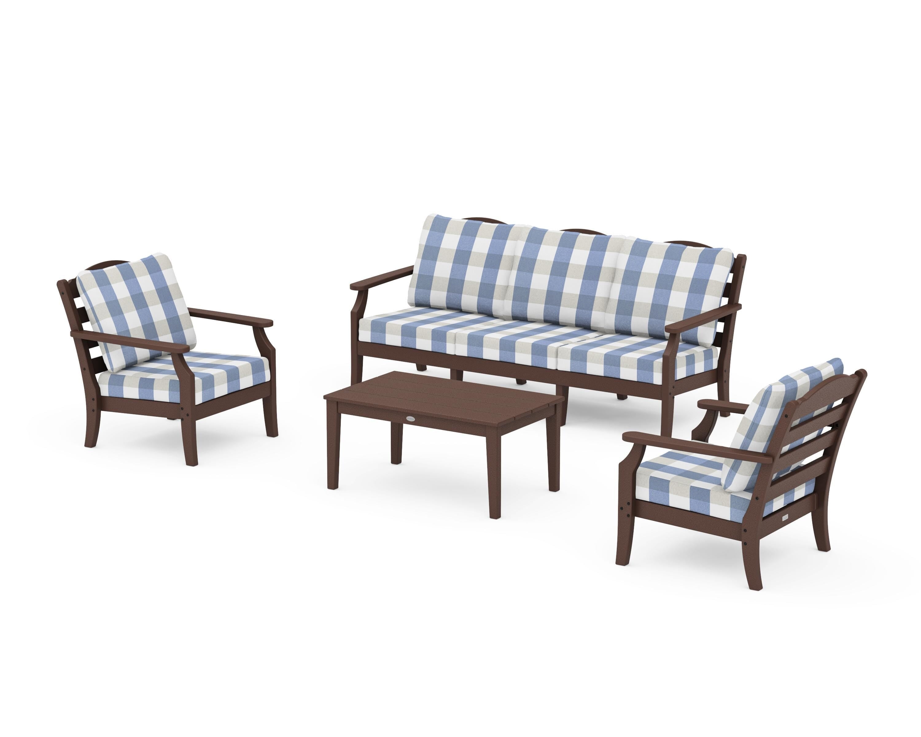 Draper James™ by  POLYWOOD® Savannah 4-Piece Deep Seating Set with Sofa in Mahogany / Buffalo Plaid Sky Blue