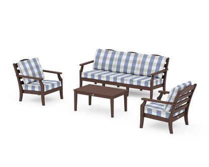 Draper James™ by  POLYWOOD® Savannah 4-Piece Deep Seating Set with Sofa in Mahogany / Buffalo Plaid Sky Blue