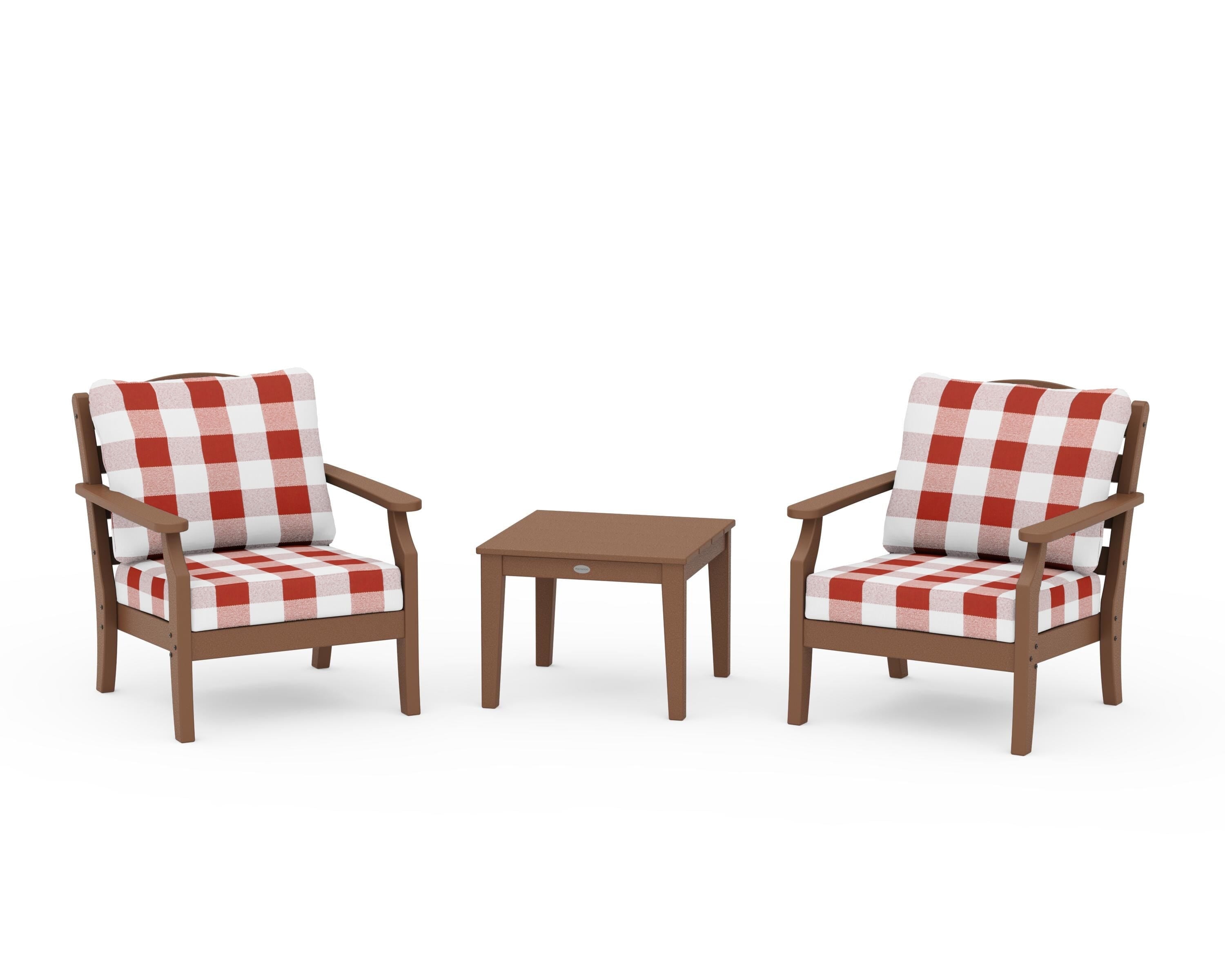 Draper James™ by  POLYWOOD® Savannah 3-Piece Deep Seating Set in Teak / Buffalo Plaid Crimson