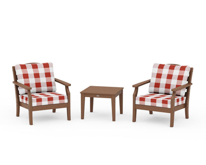 Draper James™ by  POLYWOOD® Savannah 3-Piece Deep Seating Set in Teak / Buffalo Plaid Crimson