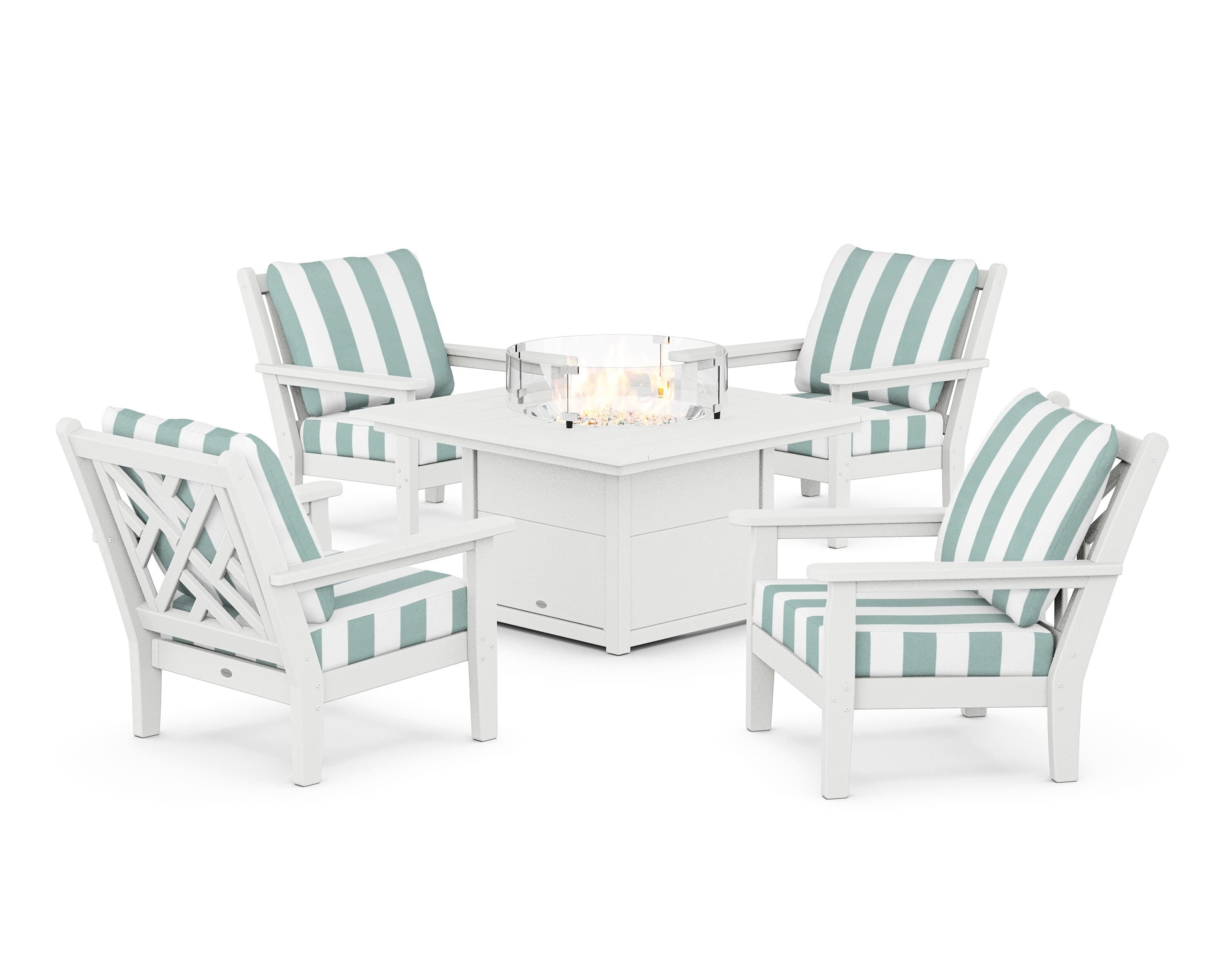 POLYWOOD® Chippendale 5-Piece Deep Seating Set with Fire Pit Table in White / Cabana Stripe Glacier Spa