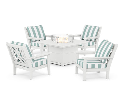 POLYWOOD® Chippendale 5-Piece Deep Seating Set with Fire Pit Table in White / Cabana Stripe Glacier Spa