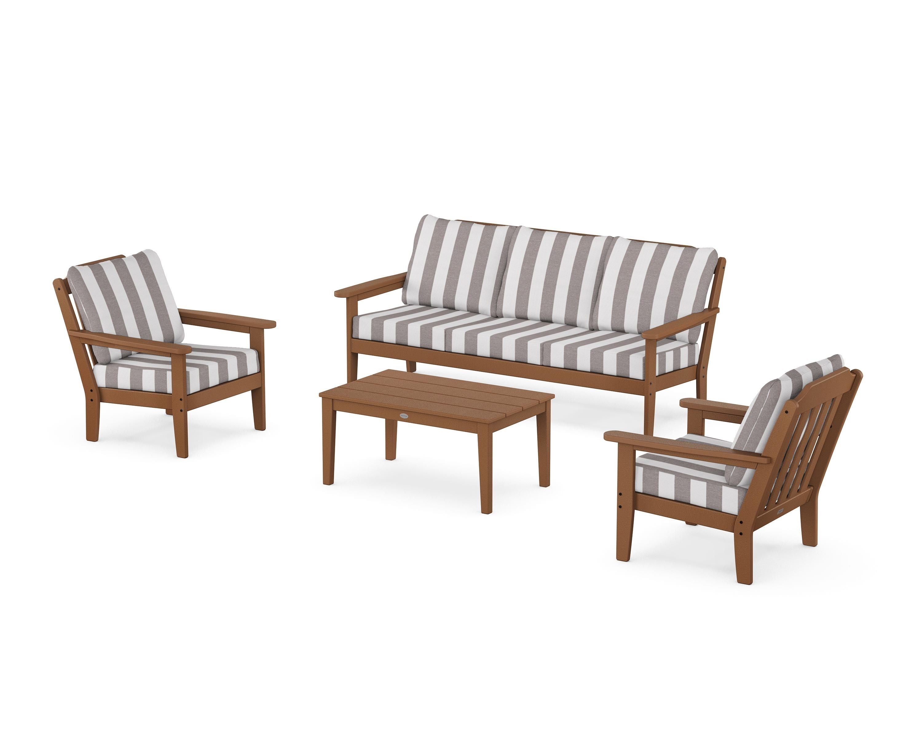 Country Living Cottage 4-Piece Deep Seating Set with Sofa in Teak / Cabana Stripe Grey Mist