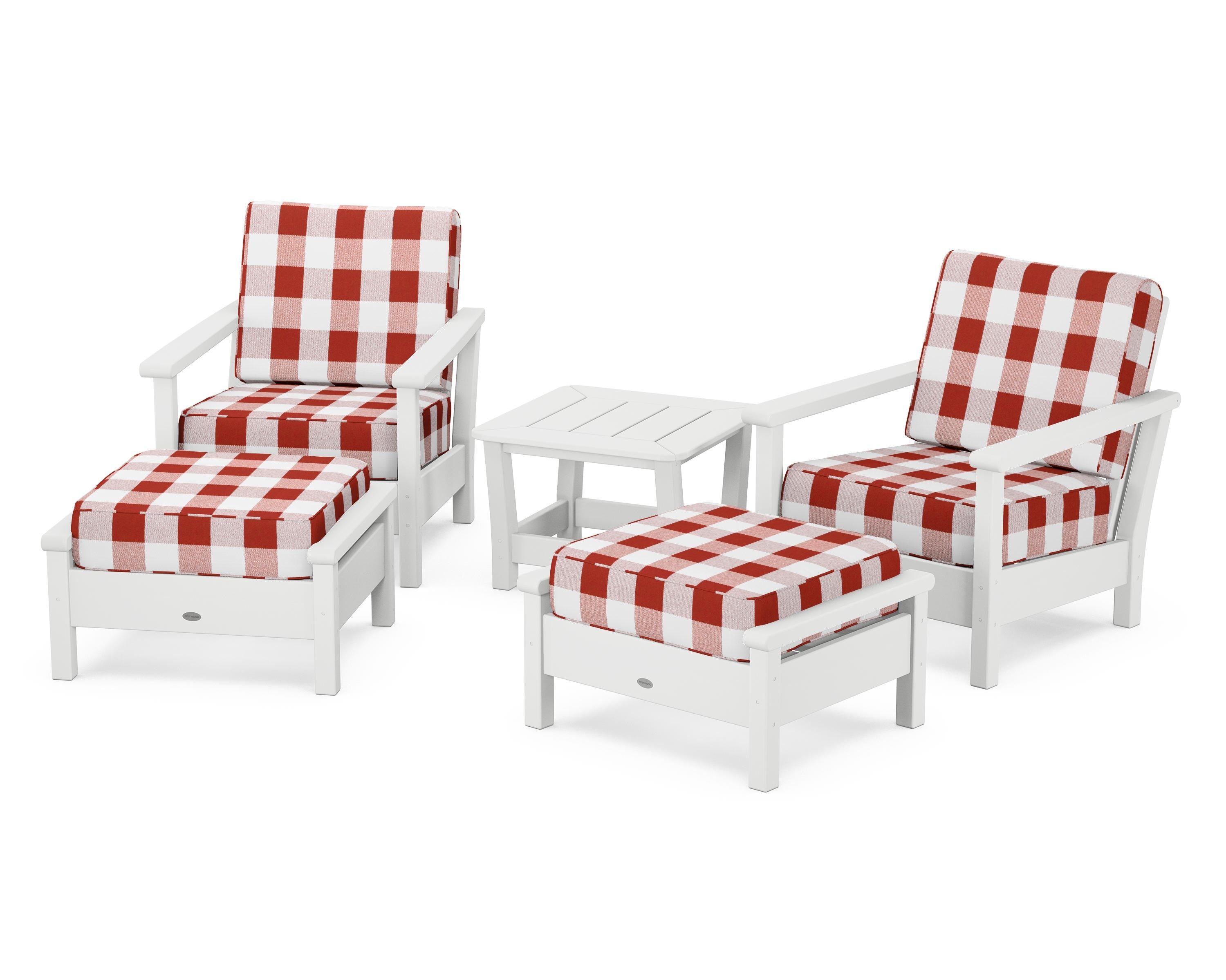 POLYWOOD® Harbour 5-Piece Deep Seating Chair Set in White / Buffalo Plaid Crimson