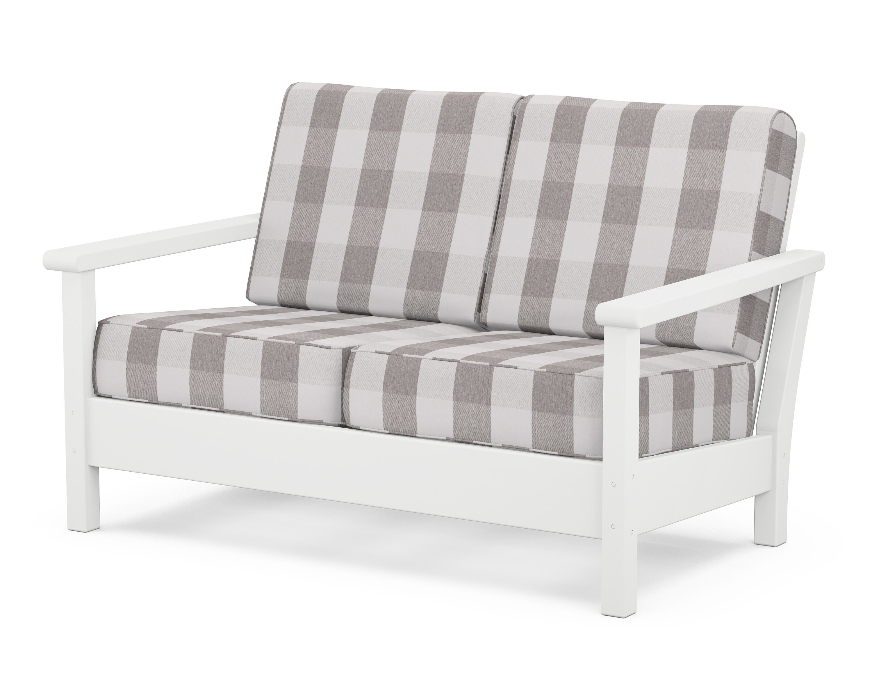 POLYWOOD® Harbour Deep Seating Loveseat in White / Buffalo Plaid Grey Mist