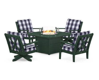 POLYWOOD® Braxton 5-Piece Deep Seating Set with Fire Table in Green / Buffalo Plaid Navy