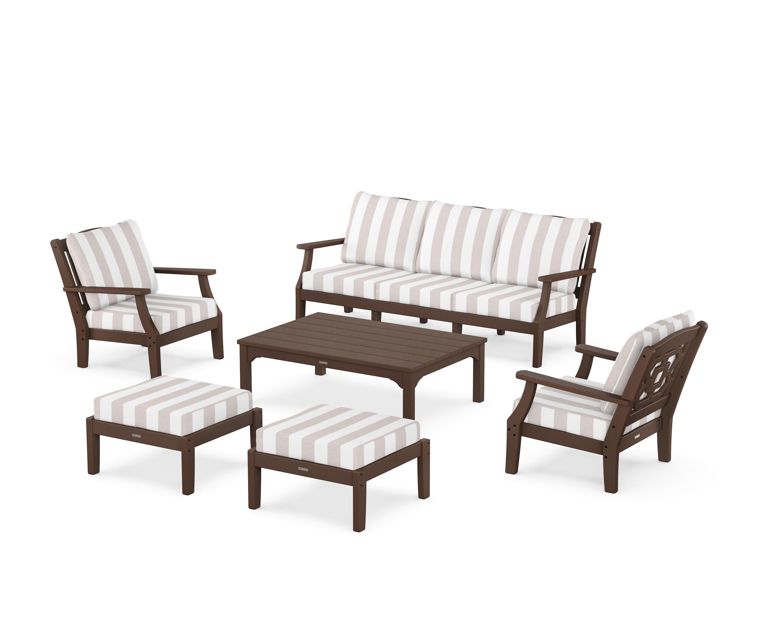 Martha Stewart by POLYWOOD® Chinoiserie 6-Piece Lounge Sofa Set in Mahogany / Cabana Stripe Dune Burlap