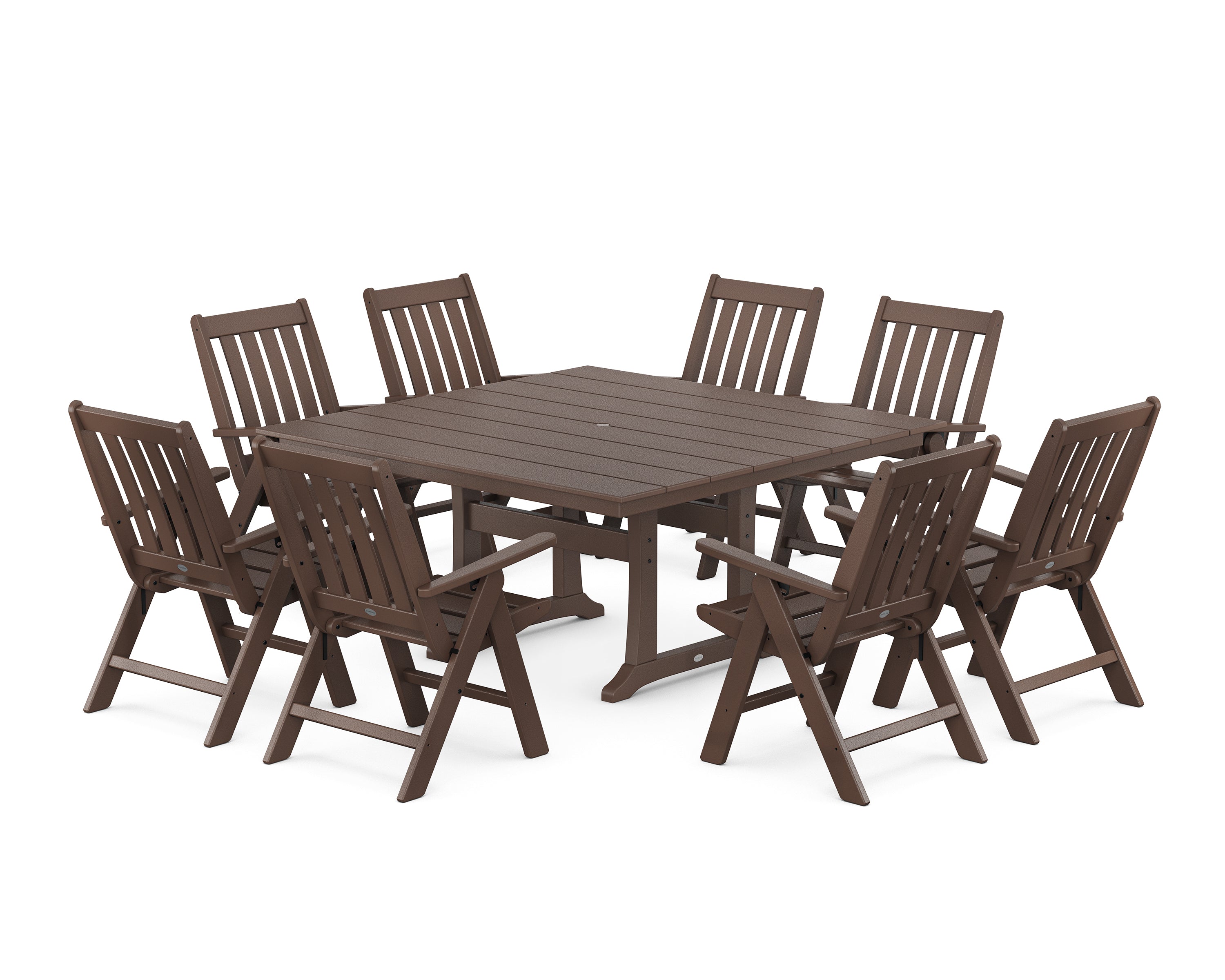 POLYWOOD® Vineyard Folding Chair 9-Piece Square Farmhouse Dining Set with Trestle Legs in Mahogany
