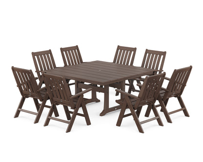 POLYWOOD® Vineyard Folding Chair 9-Piece Square Farmhouse Dining Set with Trestle Legs in Mahogany