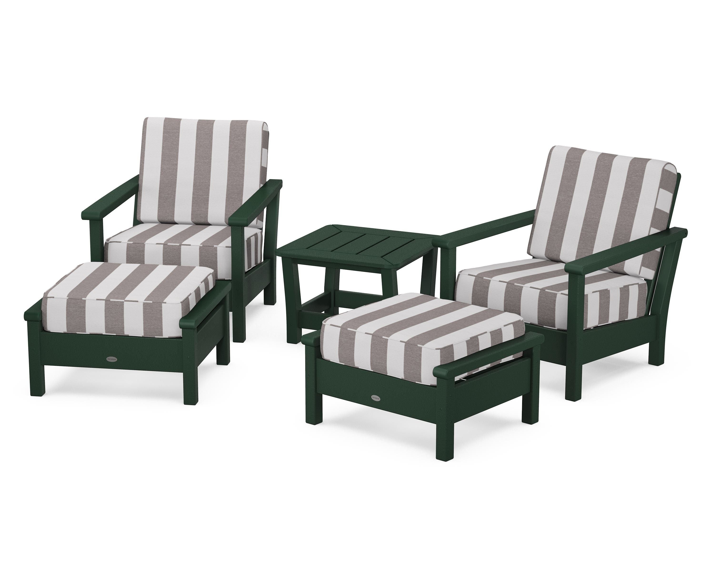 POLYWOOD® Harbour 5-Piece Deep Seating Chair Set in Green / Cabana Stripe Grey Mist