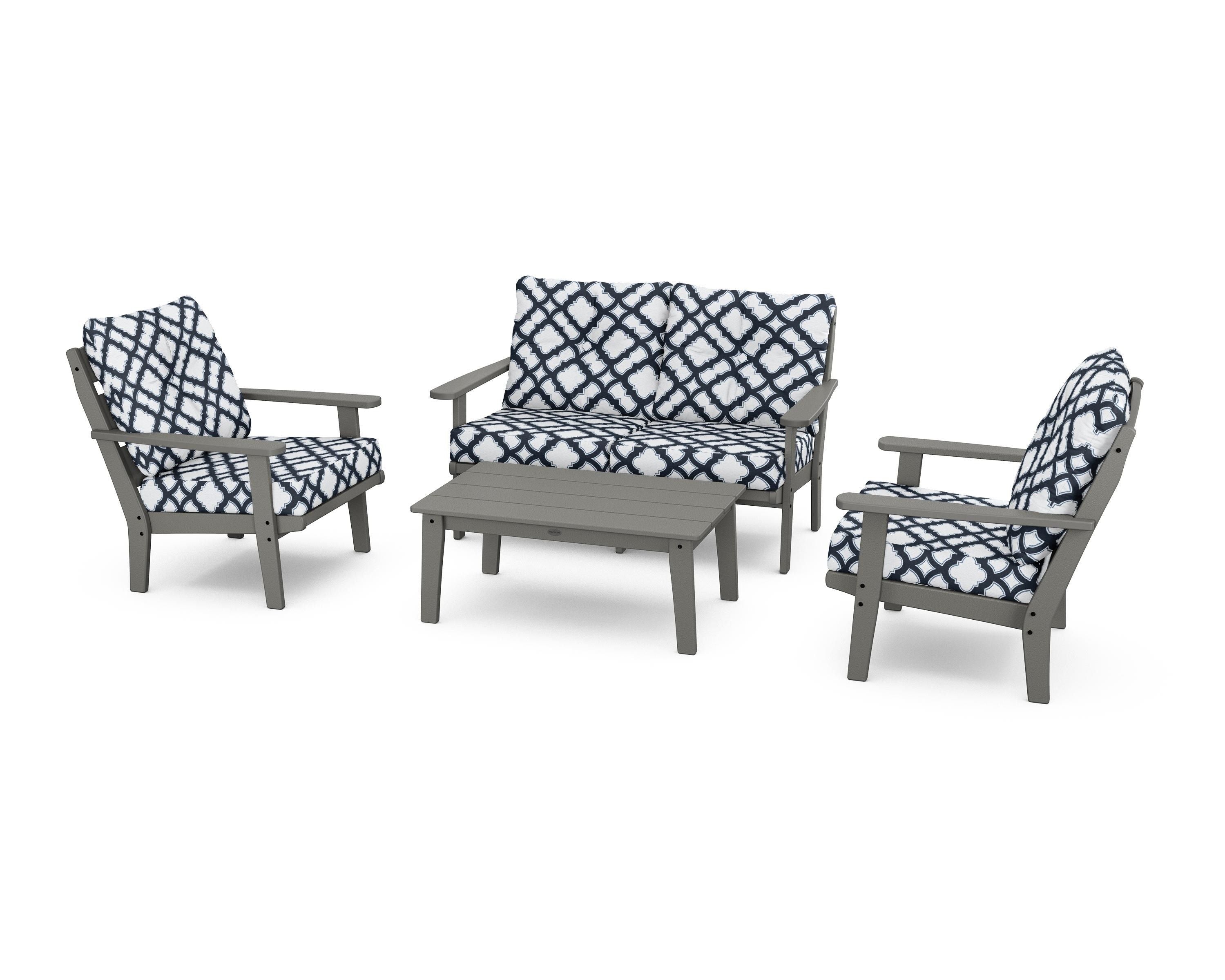 POLYWOOD® Lakeside 4-Piece Deep Seating Set in Slate Grey / Trellis Marine Indigo