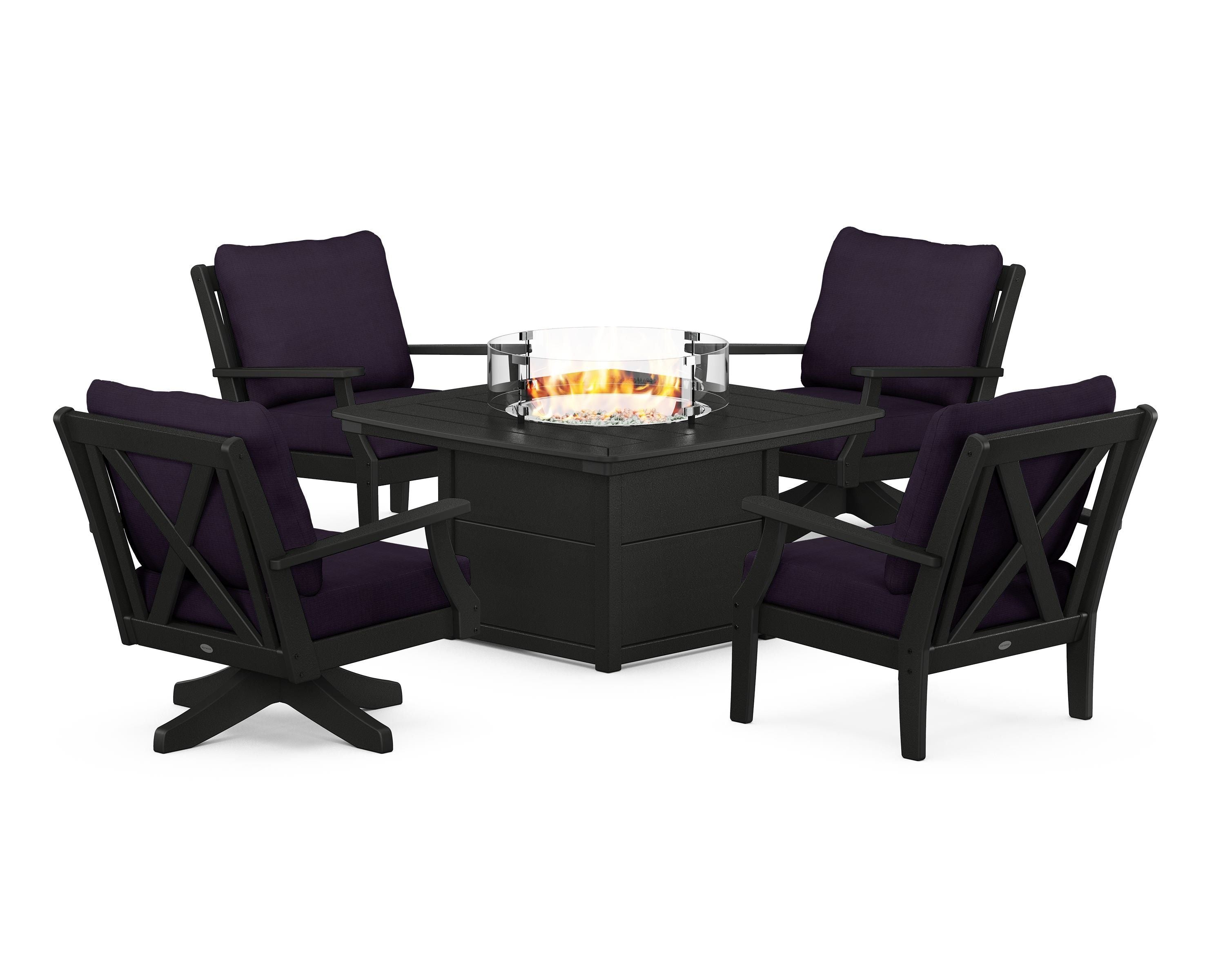 POLYWOOD® Braxton 5-Piece Deep Seating Set with Fire Table in Black / Navy Linen