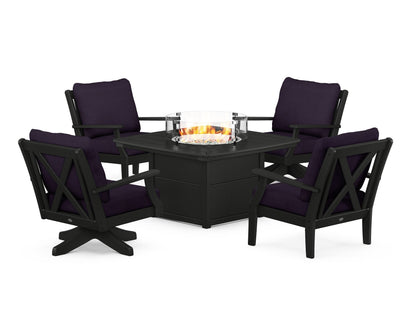 POLYWOOD® Braxton 5-Piece Deep Seating Set with Fire Table in Black / Navy Linen