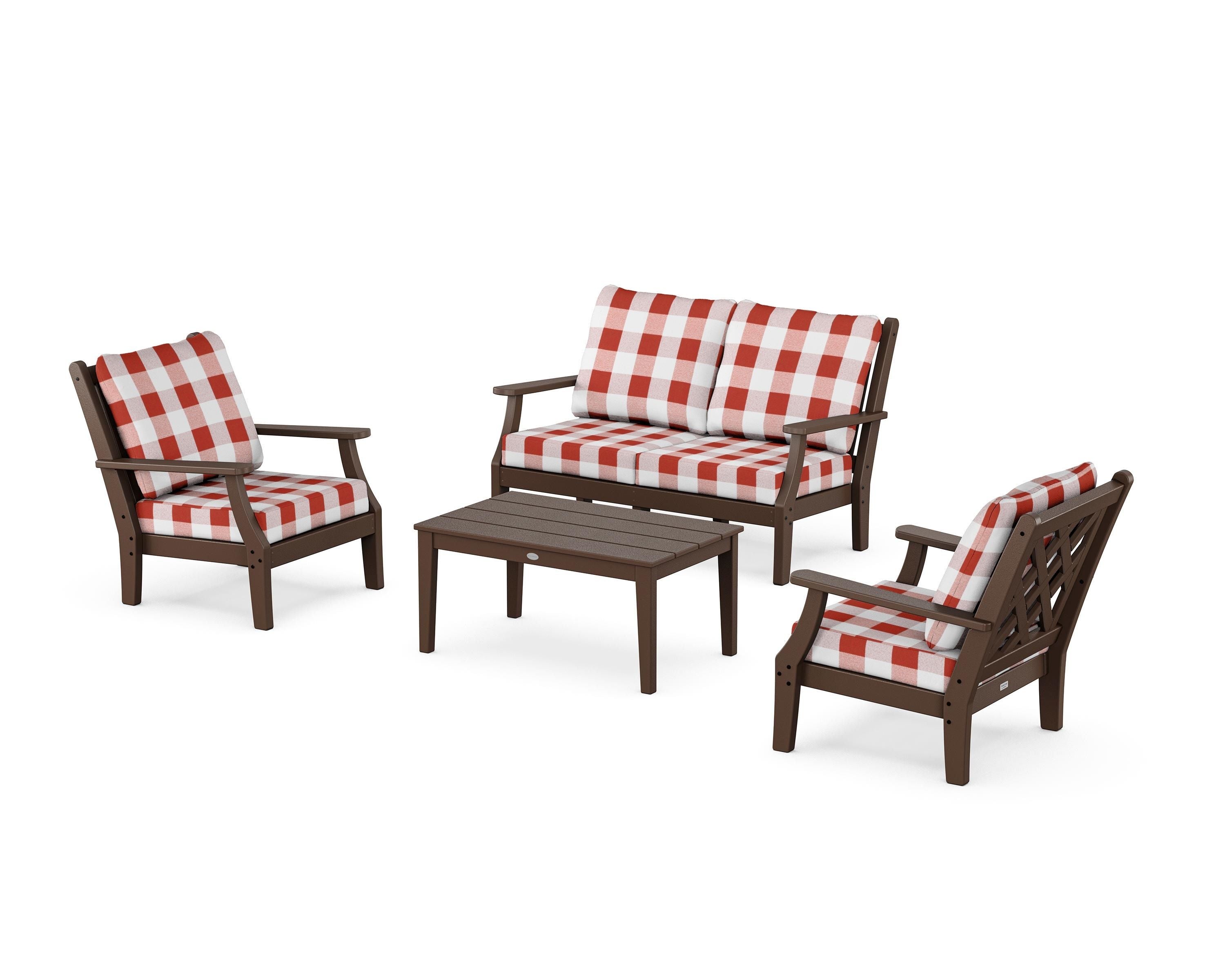 Country Living Wovendale 4-Piece Deep Seating Set with Loveseat in Mahogany / Buffalo Plaid Crimson