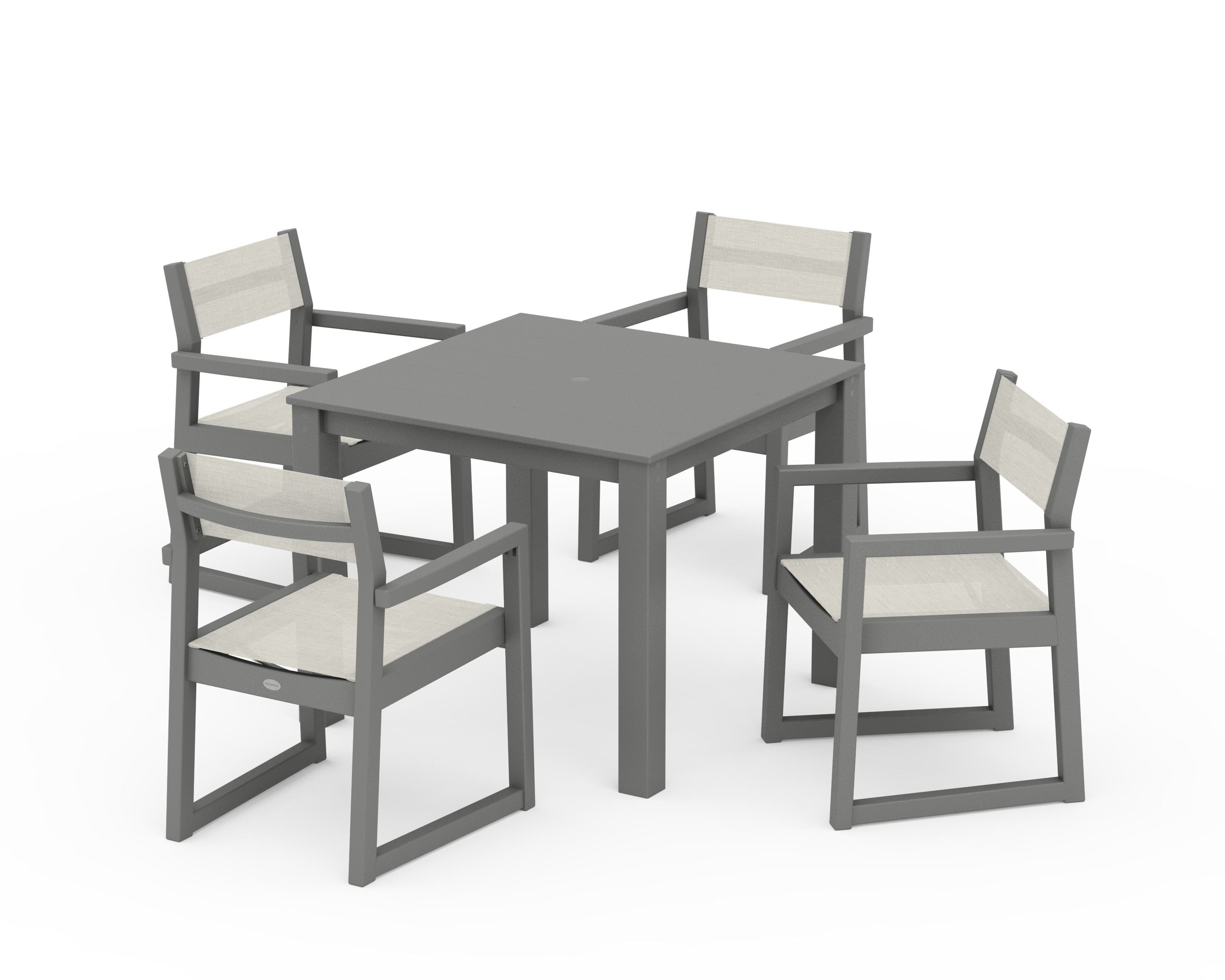 POLYWOOD® EDGE Sling Arm Chair 5-Piece Parsons Dining Set in Slate Grey / Parchment Sling