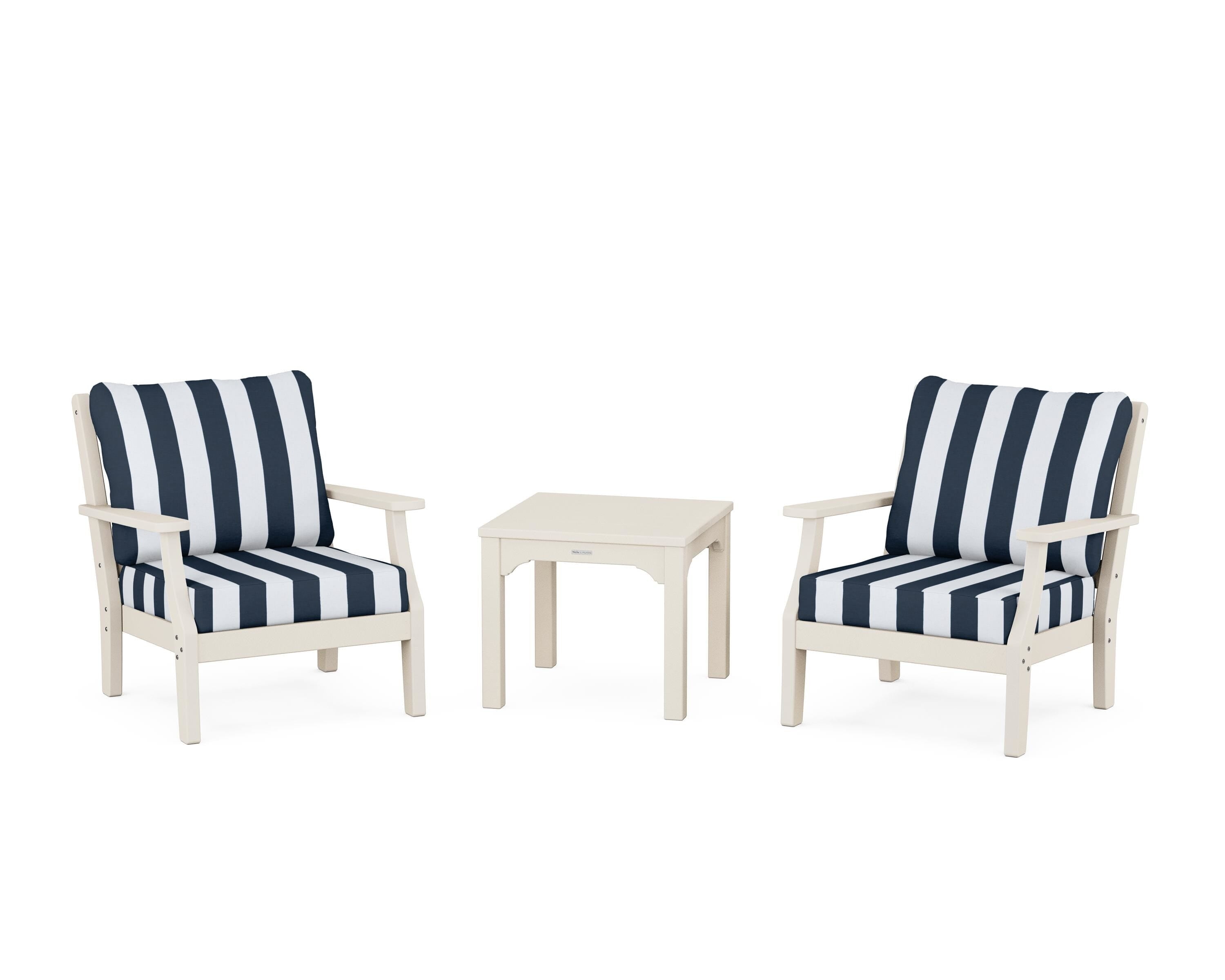 Martha Stewart by POLYWOOD® Chinoiserie 3-Piece Deep Seating Set in Sand / Cabana Stripe Marine Indigo