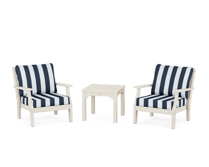 Martha Stewart by POLYWOOD® Chinoiserie 3-Piece Deep Seating Set in Sand / Cabana Stripe Marine Indigo