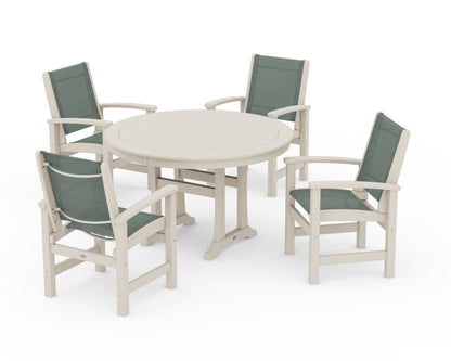 POLYWOOD® Coastal 5-Piece Round Dining Set with Trestle Legs in Sand / Dupioni Sea Mist Sling