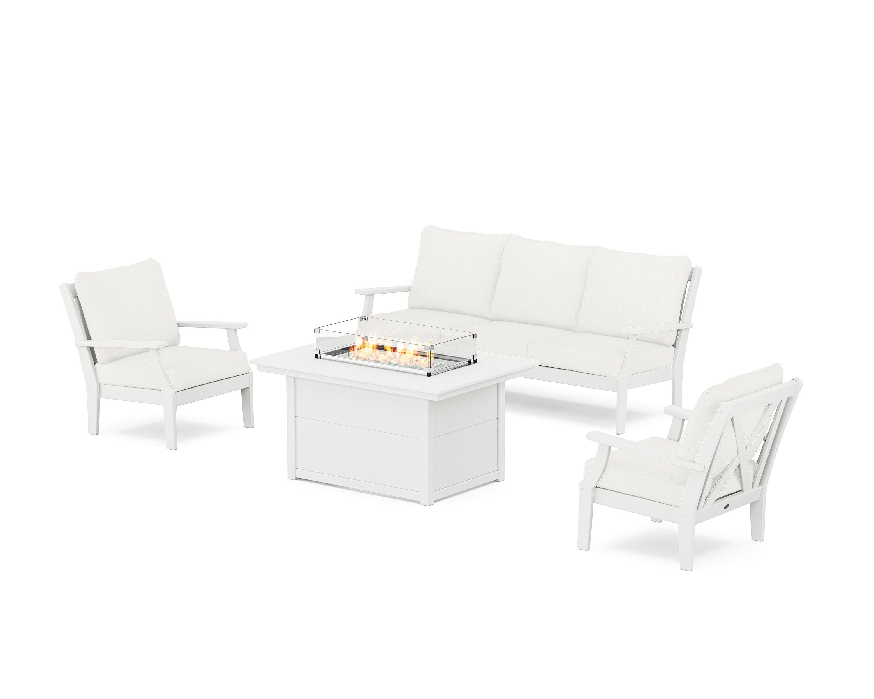 POLYWOOD® Braxton Deep Seating Fire Pit Table Set in White / Natural Linen