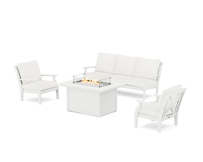 POLYWOOD® Braxton Deep Seating Fire Pit Table Set in White / Natural Linen