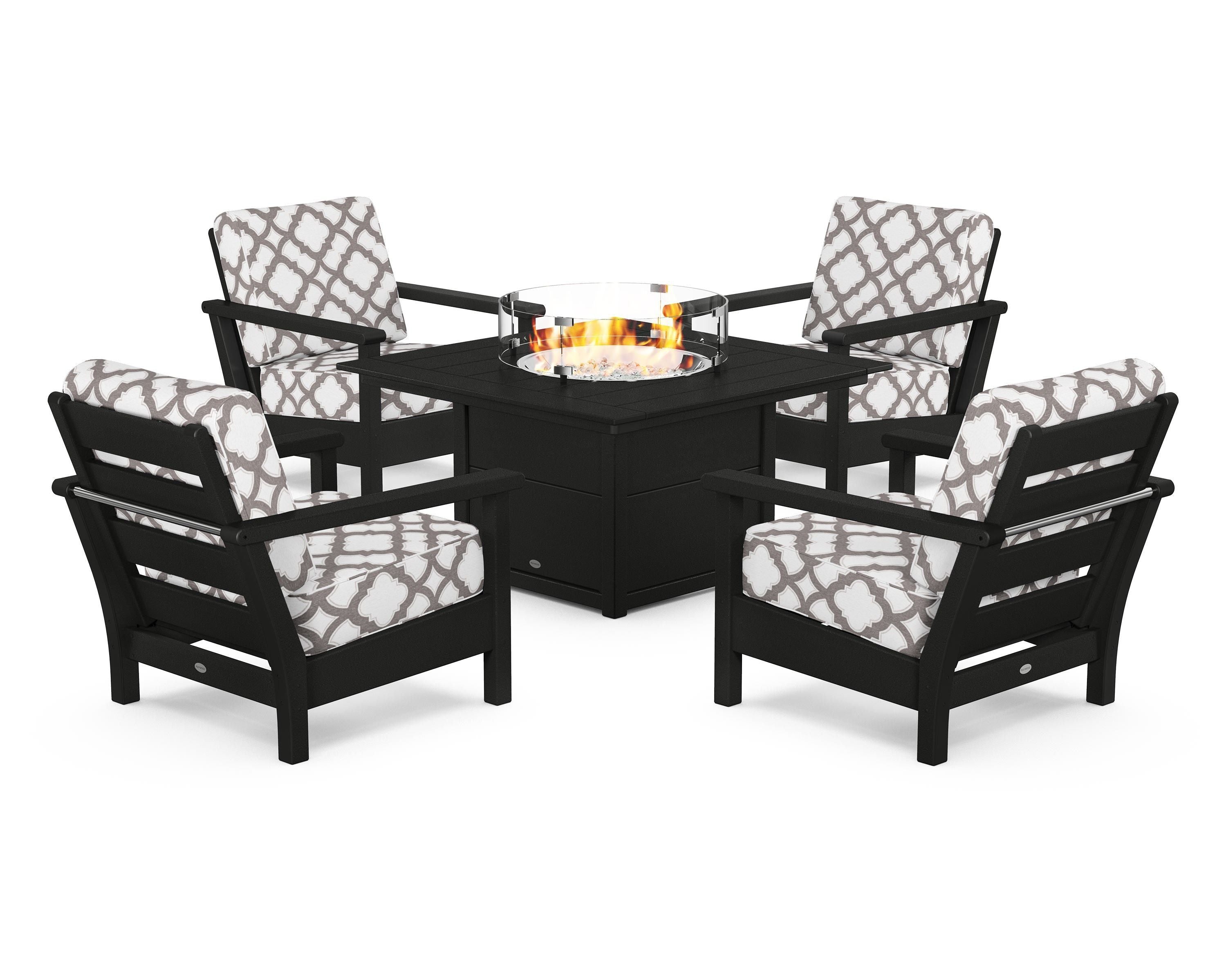 POLYWOOD® Harbour 5-Piece Conversation Set with Fire Pit Table in Black / Trellis Grey Mist