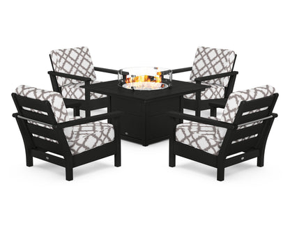 POLYWOOD® Harbour 5-Piece Conversation Set with Fire Pit Table in Black / Trellis Grey Mist