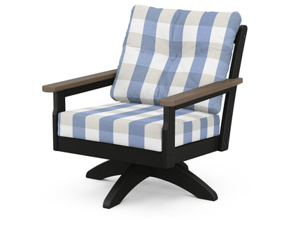 POLYWOOD® Vineyard Deep Seating Swivel Chair in Black / Kona / Buffalo Plaid Sky Blue