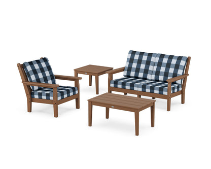 POLYWOOD® Chippendale 4-Piece Deep Seating Set in Teak / Buffalo Plaid Marine Indigo