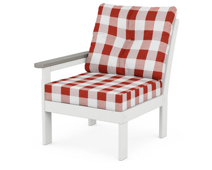POLYWOOD® Vineyard Modular Left Arm Chair in White / Driftwood / Buffalo Plaid Crimson
